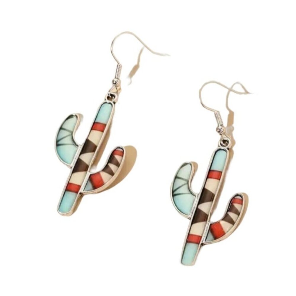 Southwestern Style Cactus Earrings Multicolored Silver Tone
